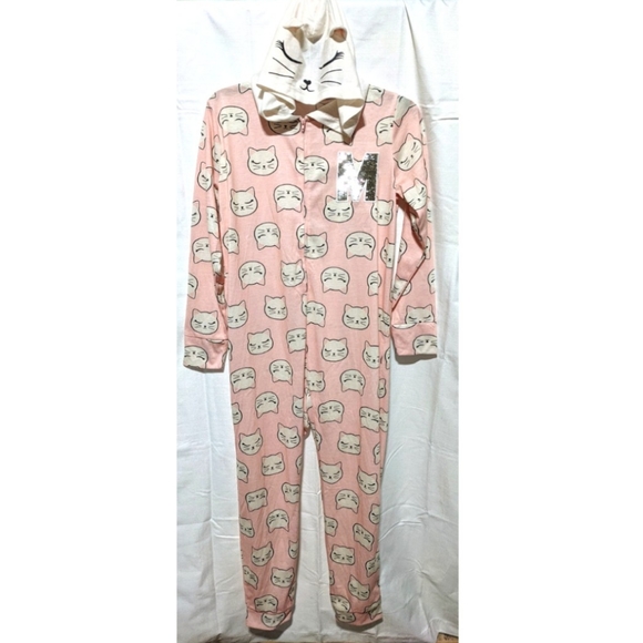 JUSTICE 14/16 Pink Hooded Cat M Pajamas Sequin